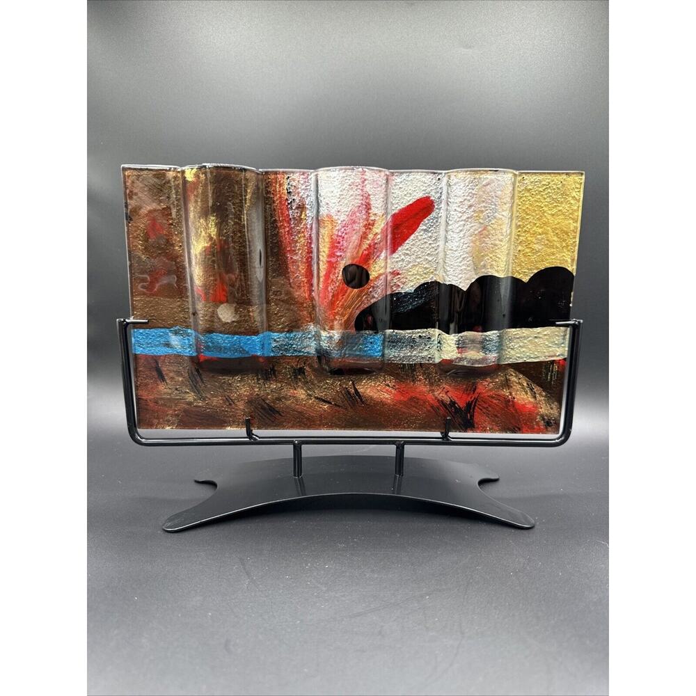 Abstract Art Glass Vase Multi Color Waves Modern Metal Stand Home Decor Accent‎